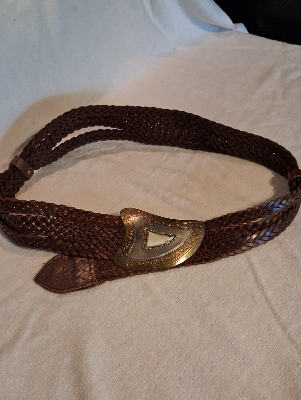 Chico's Brown Braided Leather Belt with Decorative Brass Buckle